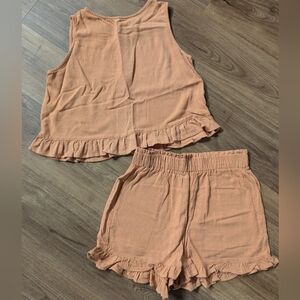 Amazon Women's High Waist Peach Ruffle Shorts Set